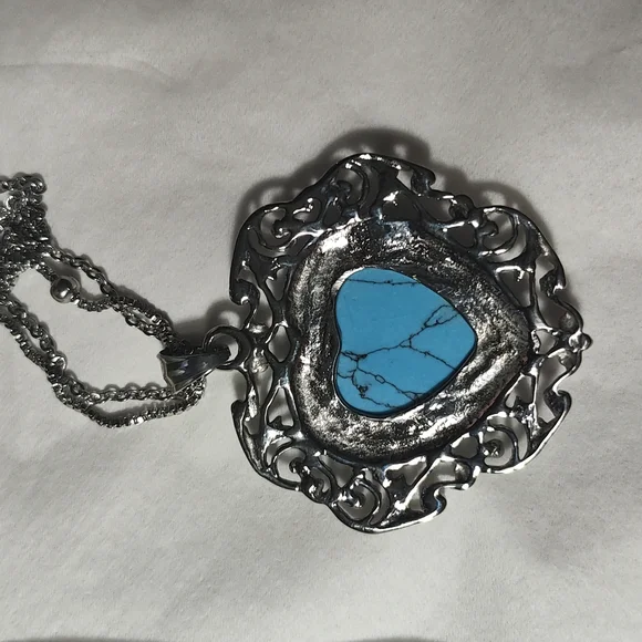 Blue Stone Silver Necklace with Ornate Design - Picture 8 of 12